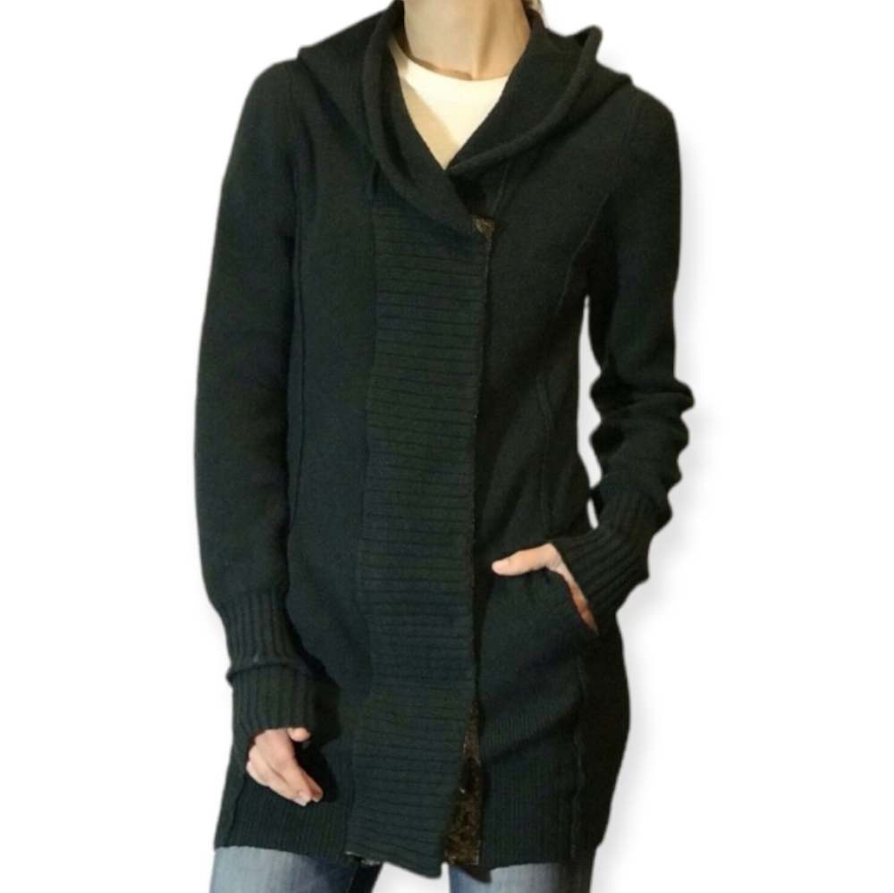 FREE PEOPLE DARK GREEN HOODED SNAP & ZIP LACE CARDIGAN SWEATER SZ.M EUC